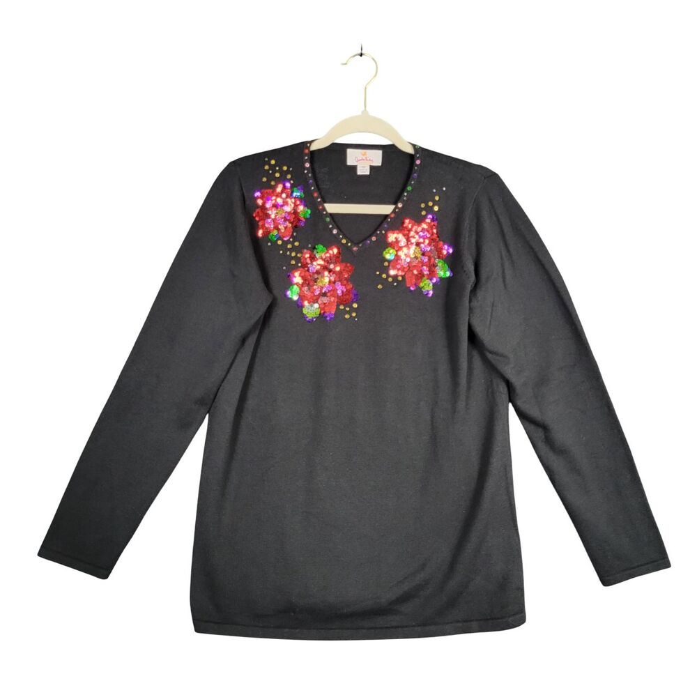 QUACKER FACTORY Black Sequin Christmas Poinsettia Holiday Novelty Sweater XS